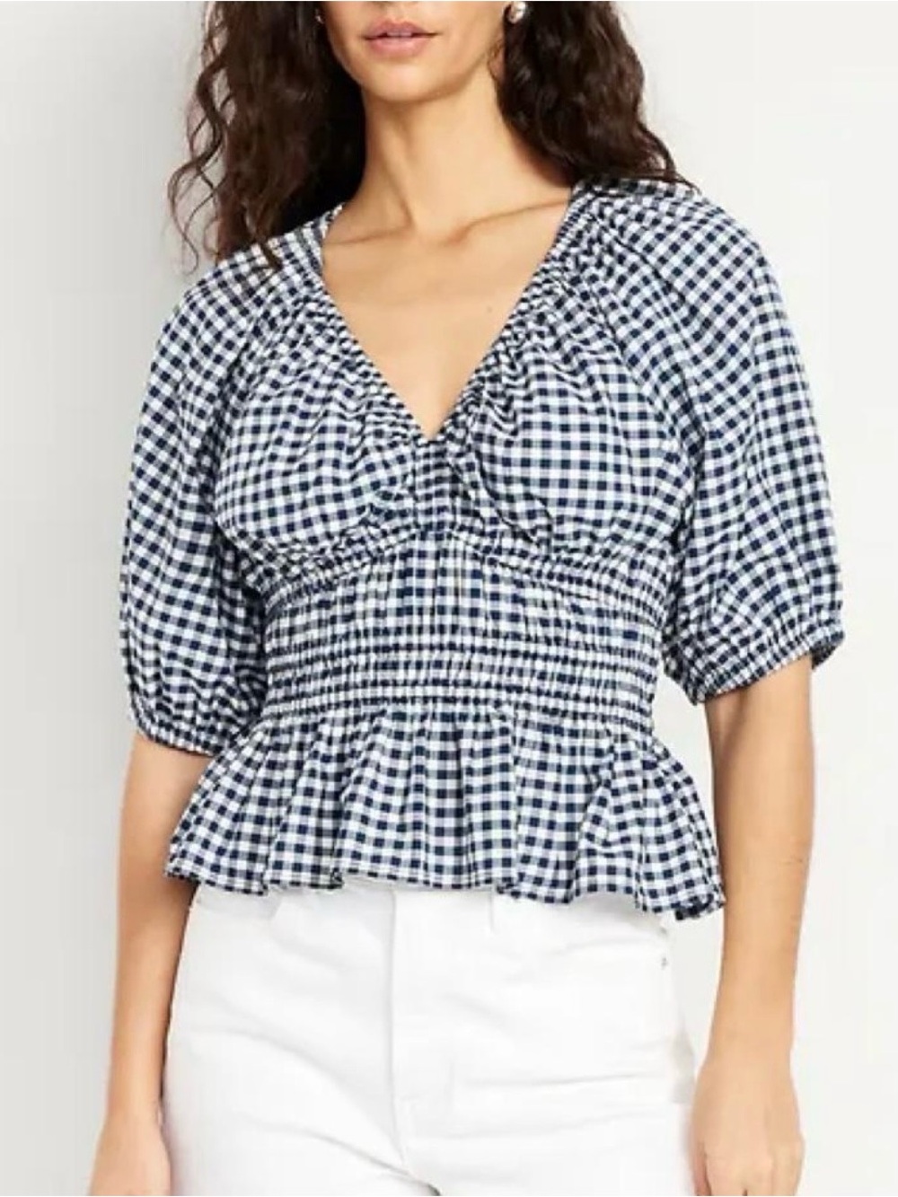 Old Navy Navy and White Gingham Smocked Peplum Blouse